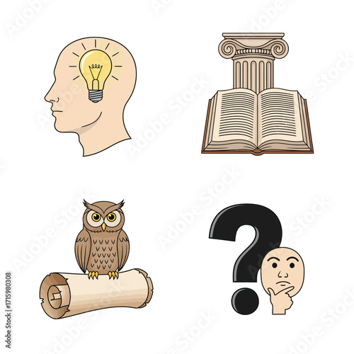 Illustration of symbols for knowledge, wisdom, and critical thinking, representing education and learning