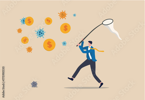 Invest in Coronavirus outbreak, company and business to make money and survive in COVID-19 economy crisis concept, businessman investor risky running in COVID-19 pathogen to catch dollar coin money.