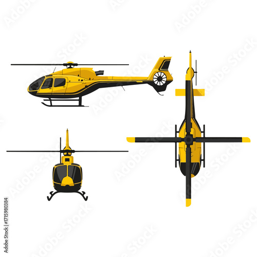 Yellow helicopter in three different views, side, front, and top.