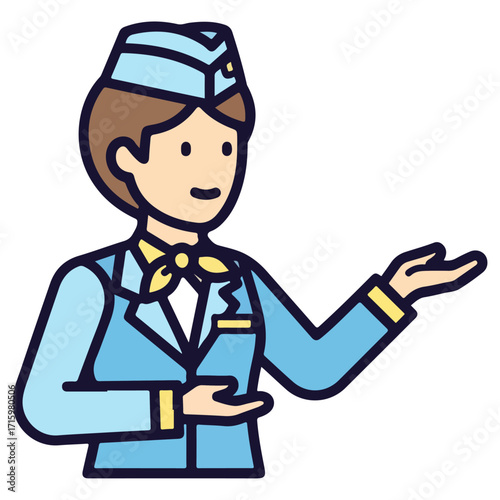 Flight attendant in uniform offering assistance with hand gesture.