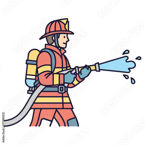 Firefighter spraying water from a hose to extinguish flames.