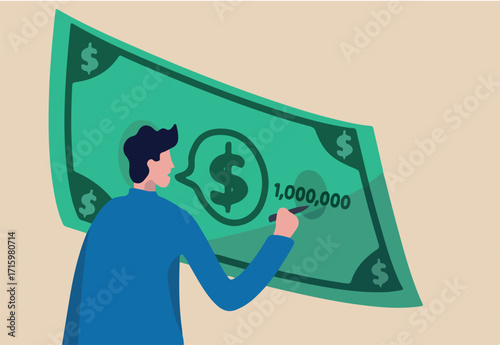 Financial advisor or planner, consult and discuss tax revenue, investment and insurance concept, confidence man expert advisor talking with dialog box on dollar banknote using pen writing numbers