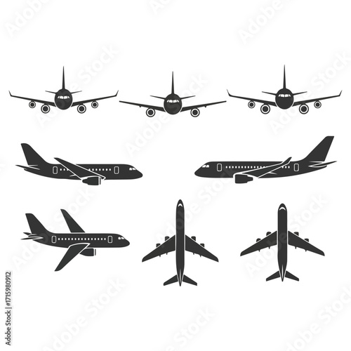 Airplane silhouettes in various views for aviation design.
