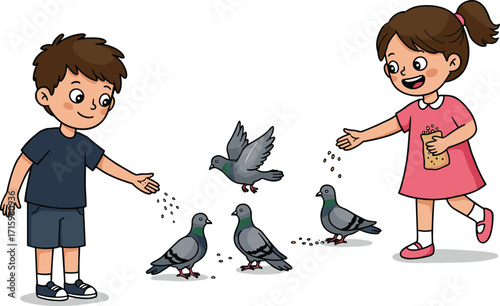 Cartoon children feeding pigeons, smiling boy and girl, outdoor activity, bird interaction, cheerful moment, animal care, fun, playful, educational, nature
