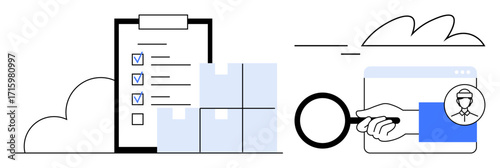 Clipboard checklist with boxes, magnifying glass searching a profile in a browser. Ideal for logistics, task management, shipping, inventory, e-commerce, inspections and auditing. Simple flat