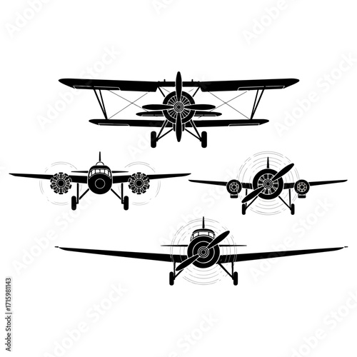 Four different airplane silhouettes in front view, black and white.