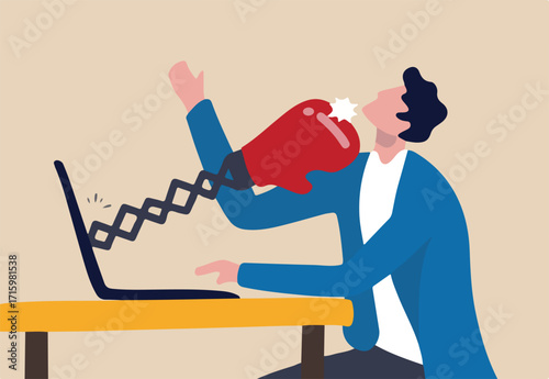 Cyber bullying, online harassment using social media to threatened people, violent using electronic means concept, sad man using social media and being punched by boxing gloves from computer laptop.
