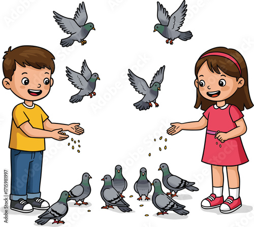 Cartoon children feeding pigeons, smiling boy and girl, outdoor activity, birdseed, flying birds, cheerful moment, animal care, fun, playful, educational