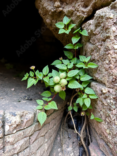 Vetriola minore Parietaria judaica L.  cresciuta nel buco di un muro antico accanto ad un vecchio rubinetto arrugginito