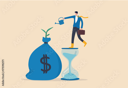 Saving and investment account, prosperity, growth earning from compound interest in long term investing concept, smart businessman investor standing on sandglass watering growing sprout from money bag