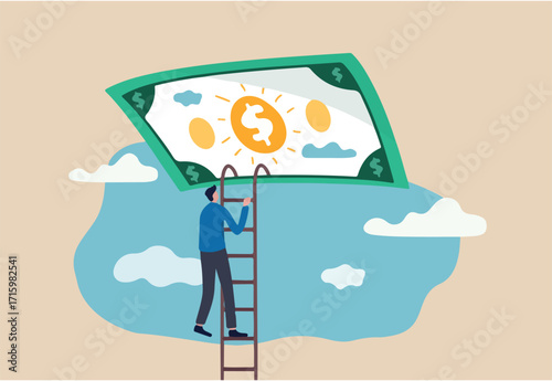Ladder of success in financial freedom, climbing up to reach saving and investment target concept, confidence businessman climbing ladder high in the sky to get into money dollar banknote heaven. 