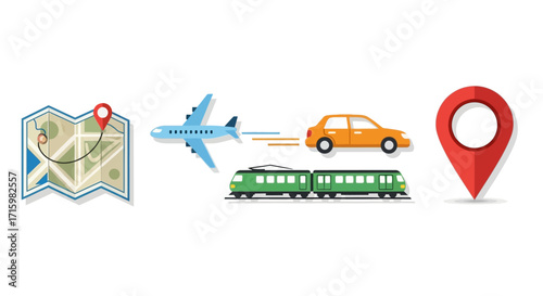 Various transportation methods depicted on a map, including airplane, car, and train.