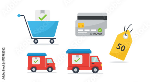 A collection of flat design icons representing e-commerce and delivery services, including a shopping cart, credit card, delivery trucks, and a price tag.