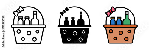 Christmas gift basket icon set stroke, filled and colored concept for web design on clean background.