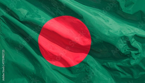 Bangladesh flag with off-center red circle on green field—sunrise and sacrifice symbolism evoke vitality, remembrance, and national pride in minimalist sovereign identity composition.