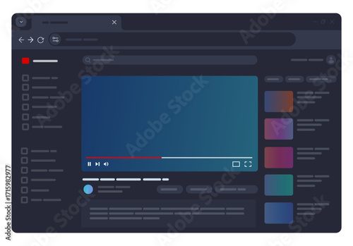 dark themed vector illustration of a video playback screen on a web browser video player representing online streaming digital media and content platforms