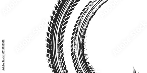 Tire track. Car, bike, motorcycle tyre mark with grunge effect isolated on white background. Wheel footprint on the road. Top view of rubber protector mark