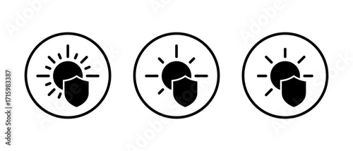 UV protection shield icon set. Sun safety and sunscreen defense symbol in circular outline
