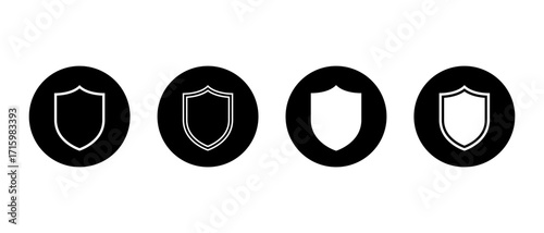Security shield icon set in black circle. Privacy, protection, and defense symbol