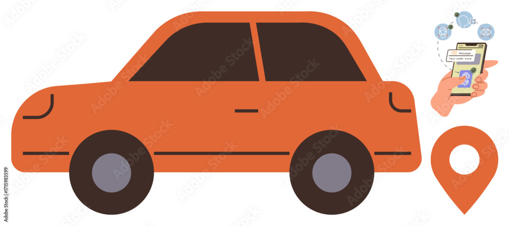 Naklejka premium Orange car, smartphone with app for ride-booking, and geolocation pin. Ideal for transportation, car rental, ridesharing, travel, navigation innovation and digital connectivity. Simple flat
