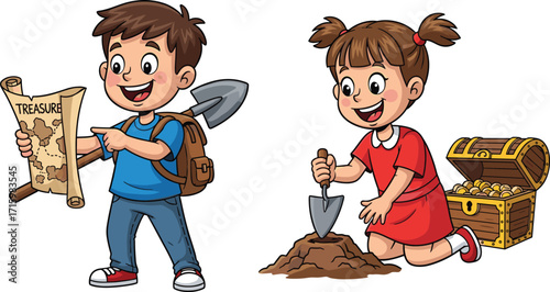 Cartoon children on treasure hunt, boy with map, girl digging chest, teamwork adventure, outdoor play, fun exploration, gold coins discovery