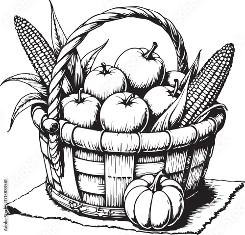 Harvest Bounty Illustration: A charming, hand-drawn illustration of a wicker basket overflowing with the rich bounty of the harvest season, perfect for evoking feelings of abundance and gratitude.
