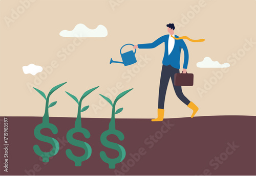Dividend investment, prosperity and economic growth or saving and business profit concept, happy businessman investor holding watering can to watering grow sprout seedling he plant from dollar sign. 
