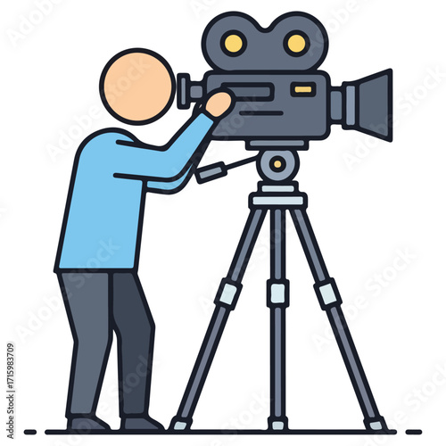 Filmmaker operating vintage camera on tripod, capturing the scene.