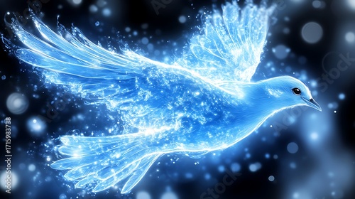 Mystical Blue Glowing Bird Emanating Light and Sparkles in Dark Background