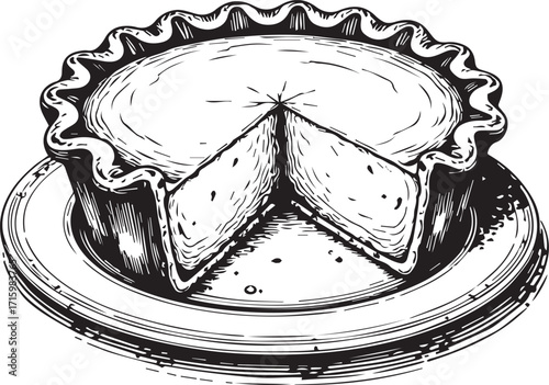 Classic Pie Illustration: A detailed line art illustration showcases a delicious pie, artfully sliced to reveal its tempting interior, perfect for evoking a sense of culinary delight.