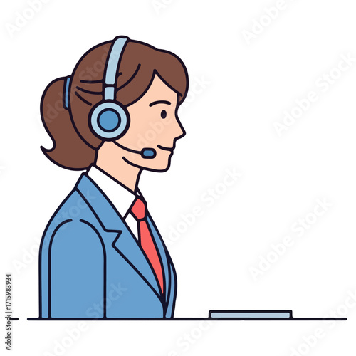 Customer service representative wearing headset and working.