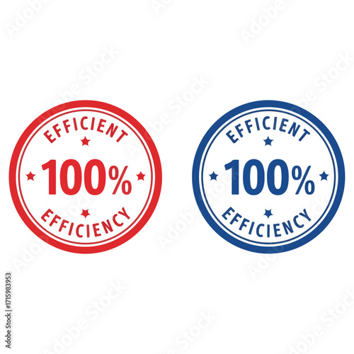 Efficiency Badges - Red and Blue Circular Seals with 100 Percent.