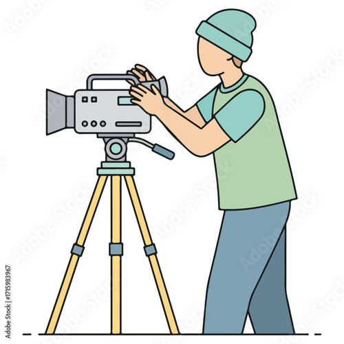 Filmmaker adjusting camera on tripod, ready to film.