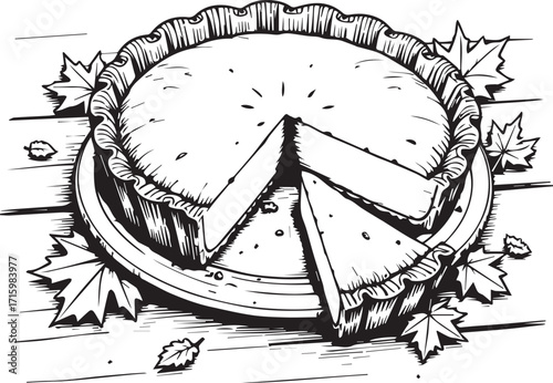 Black and White Pie: A tantalizing, hand-drawn illustration of a classic pie, sliced to reveal a delectable interior, complete with artistic details and elements.