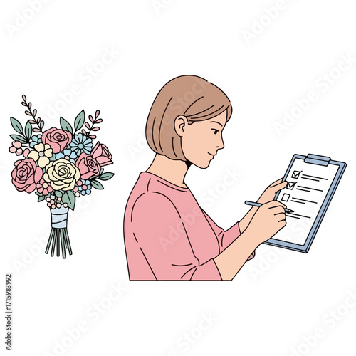 Woman planning floral arrangement with checklist.
