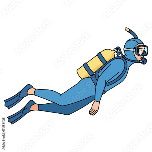 Diver in blue suit exploring underwater world with equipment.