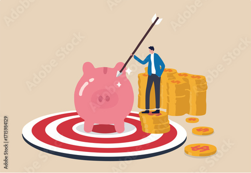 Financial goal or target, success in saving and investment or achieve finance independence concept, happy businessman investor holding arrow on stack of coins with piggy bank on bullseye dartboard
