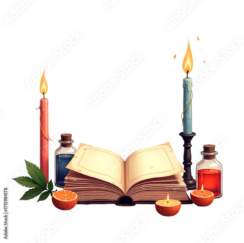 Halloween illustration of candles, book and potions