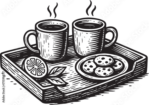Morning Delight: A classic scene unfolds with two cups of steaming coffee, a plate of cookies, and a slice of lemon, all resting on a tray in a charming and comforting style. 