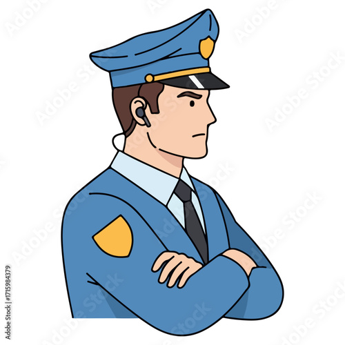 Police officer in uniform with serious expression looking away.