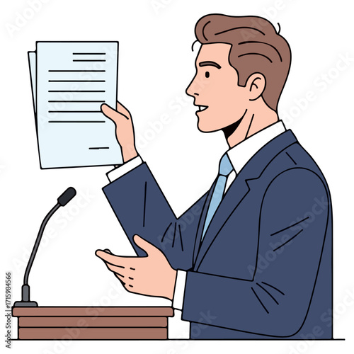 Man giving a speech holding papers at a podium.
