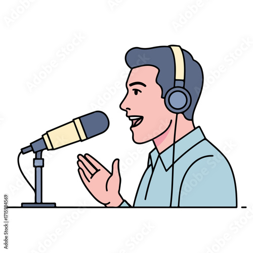 Man recording podcast with microphone and headphones.
