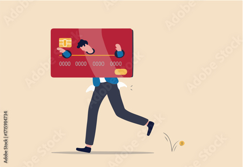 Credit card debt, overspending problem, financial failure or too much cost and expense concept, broke hopeless salary office worker shackled fetters with big credit card with his empty pant pocket.