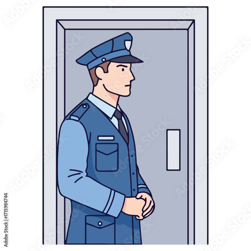 Security guard standing in front of a closed door, looking serious.