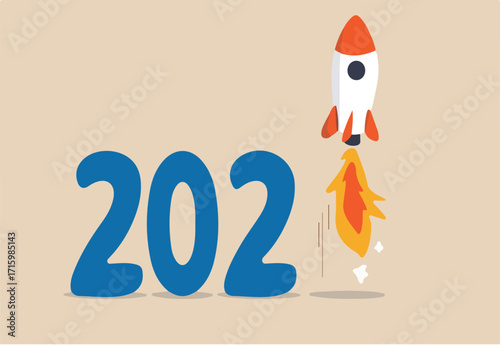 New year 2021 economic recovery, launching new project or FED and government financial stimulus concept, calendar year number 2021 with launching business rocket on number one