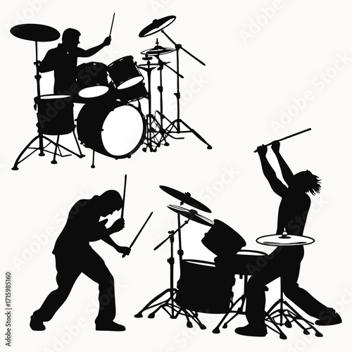 Drummer Silhouette Vector Set – Rock Band Musician Clipart for T-Shirts, Posters & Graphic Design | Editable Drum Kit Art.