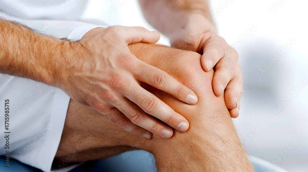 Fototapeta premium Man Holding His Painful Knee, Experiencing Joint Discomfort