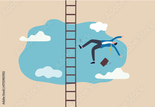 Business failure, aim too high and accident fall from ladder of success, career or job position demote or investor losing money concept, aspiration businessman falling from high ladder or stair cases.