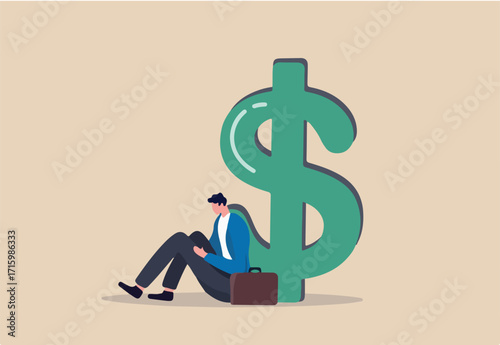 Unemployment, jobless causing financial problem, debt or bankruptcy office worker, no income to pay for mortgage or banking loan concept, depressed unemployed businessman sitting with big dollar money