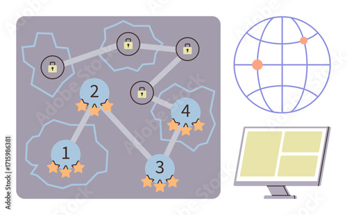 Network with connected nodes, security locks, ratings, global map, and computer interface. Ideal for cybersecurity, data sharing, system management, global communication technical navigation user